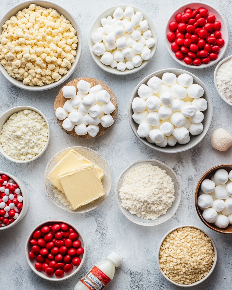 The image shows several small green wreath-shaped treats made from clusters of green flakes that look sticky and shiny, arranged on a white marbled surface. Each wreath has three red round candies placed on top in groups, resembling holly berries. The wreaths have a rough texture from the flakes, and the green color is bright and vibrant. In the background, there is a blurry bowl filled with more red candies, enhancing the festive feel of the image. photo taken with an iphone --ar 4:5 --v 7