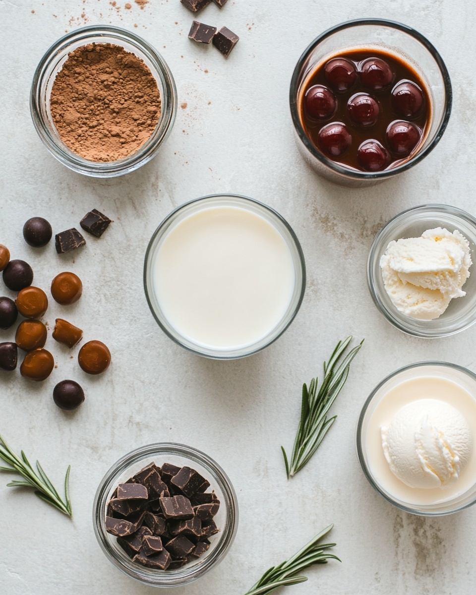 A clear glass mug filled with three layers: the bottom is dark brown hot chocolate, the middle layer is a lighter brown foam, and the top layer is white whipped cream overflowing down the sides. A bright red cherry is placed in the center of the whipped cream with two small green rosemary sprigs sticking out behind it. A black and white striped straw is inserted into the drink near the cherry. The mug is placed on a white marbled surface with small brown cocoa powder sprinkled nearby. Around the mug, there are small bottles with red caps and orange-yellow liquid inside, and some more black and white patterned straws lying on the surface. Photo taken with an iphone --ar 4:5 --v 7