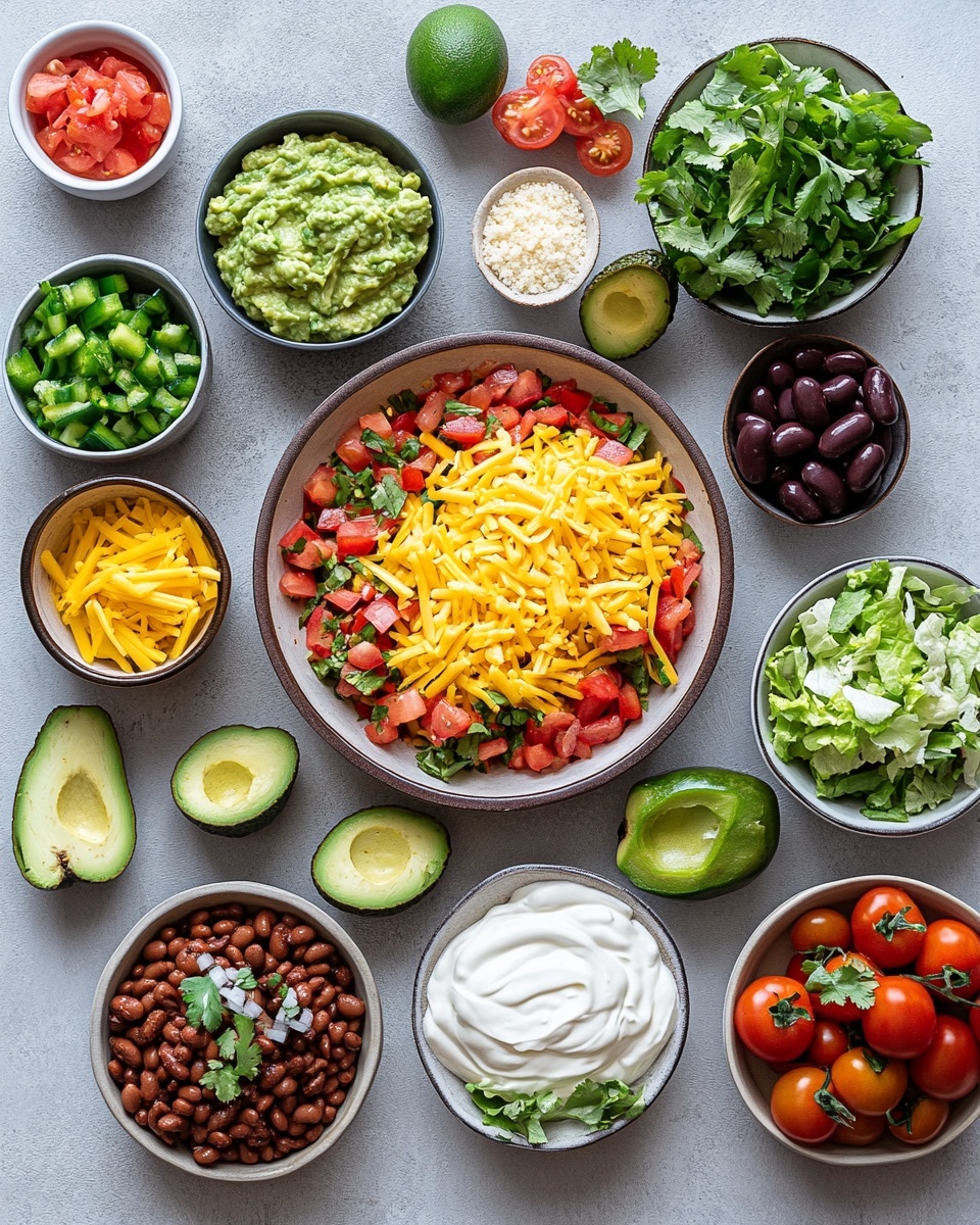 A woman's hand holds a single tortilla chip topped with a colorful mix of fresh shredded cheese, green lettuce, diced red tomatoes, sliced black olives, and small pieces of meat mixed with creamy sauce. Below this bite, a white plate filled with a colorful layered salad appears, showing chopped lettuce, diced tomatoes, olives, and green onions. The entire scene is set on a white marbled surface with a blurred background of small white bowls holding shredded cheese and black olives. Photo taken with an iphone --ar 4:5 --v 7
