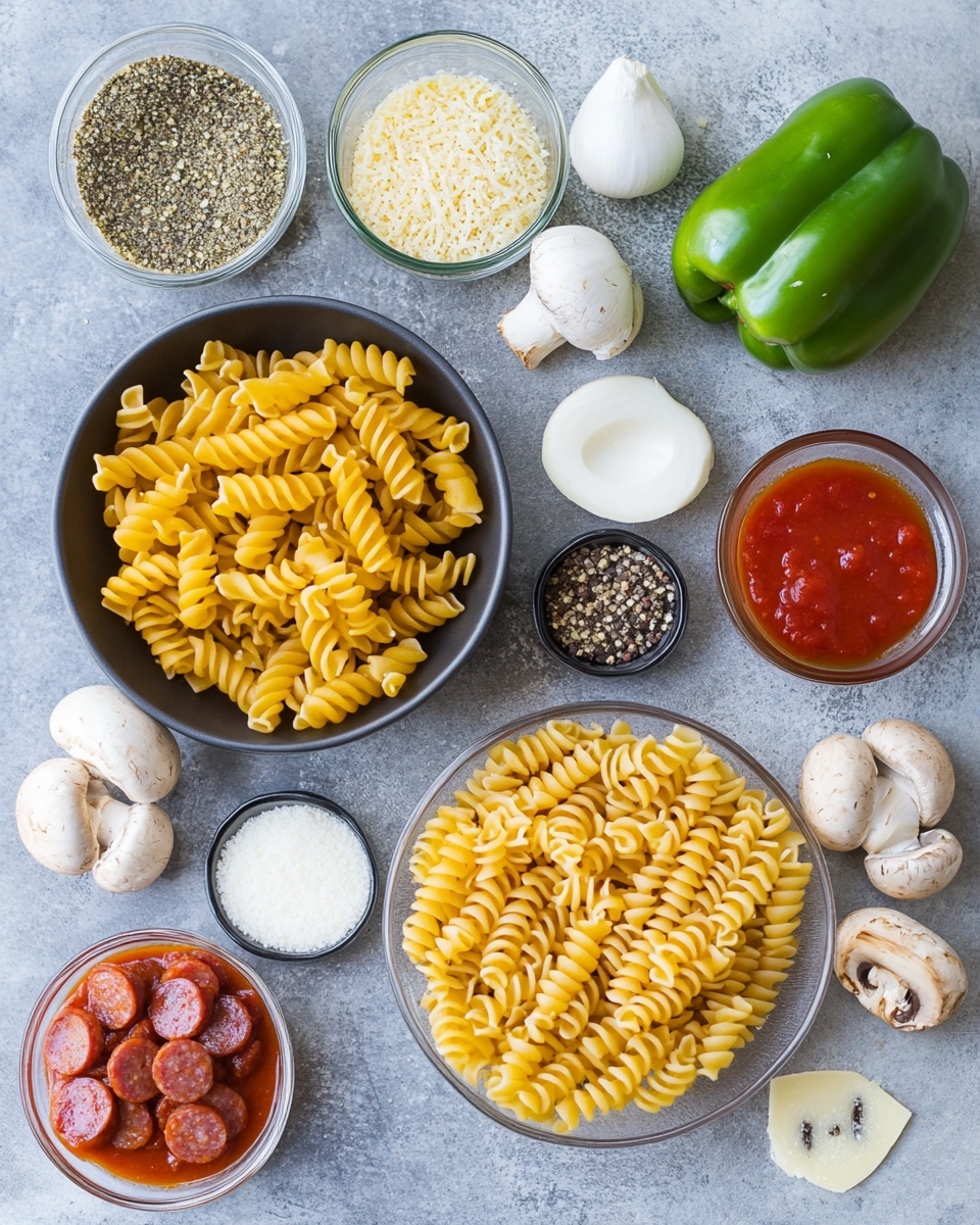 A white bowl filled with baked pasta layered with curly pasta in a rich reddish-orange sauce at the bottom, topped with slightly browned melted cheese forming stretchy strings as a fork lifts some pasta. On top of the cheese layer, there are several round, reddish-brown pepperoni slices and bits of browned ground meat scattered throughout. The bowl sits on a red and white cloth with a white marbled textured surface in the background. A woman's hand holds the fork lifting the pasta. Photo taken with an iphone --ar 4:5 --v 7