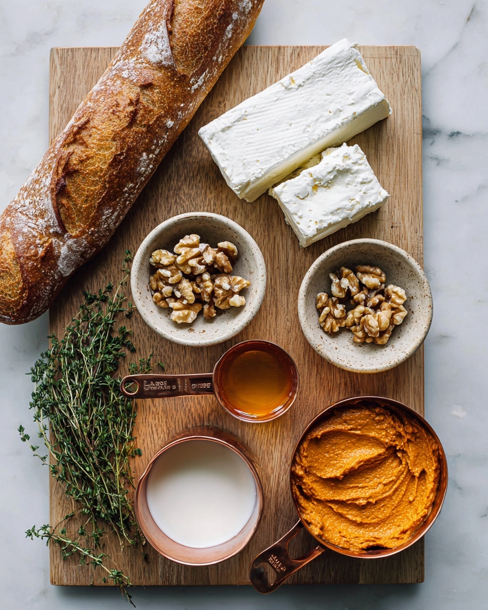 A wooden board holds a crusty brown baguette on the left side, with its textured, golden crust clearly visible. Nearby, a small bunch of fresh green thyme lies at the bottom left corner. To the right, a small off-white bowl contains two thick white blocks of cheese with a crumbly texture. Below it, a small white bowl is filled with uneven pieces of brown walnuts. In the center, a small speckled beige bowl holds a light amber liquid, likely honey. At the bottom center, a copper measuring cup contains a smooth, white creamy layer. Opposite it, at the top right, another copper measuring cup is filled with a thick, bright orange paste with a slightly rough texture. The whole setup is placed on a white marbled surface, photo taken with an iphone --ar 4:5 --v 7