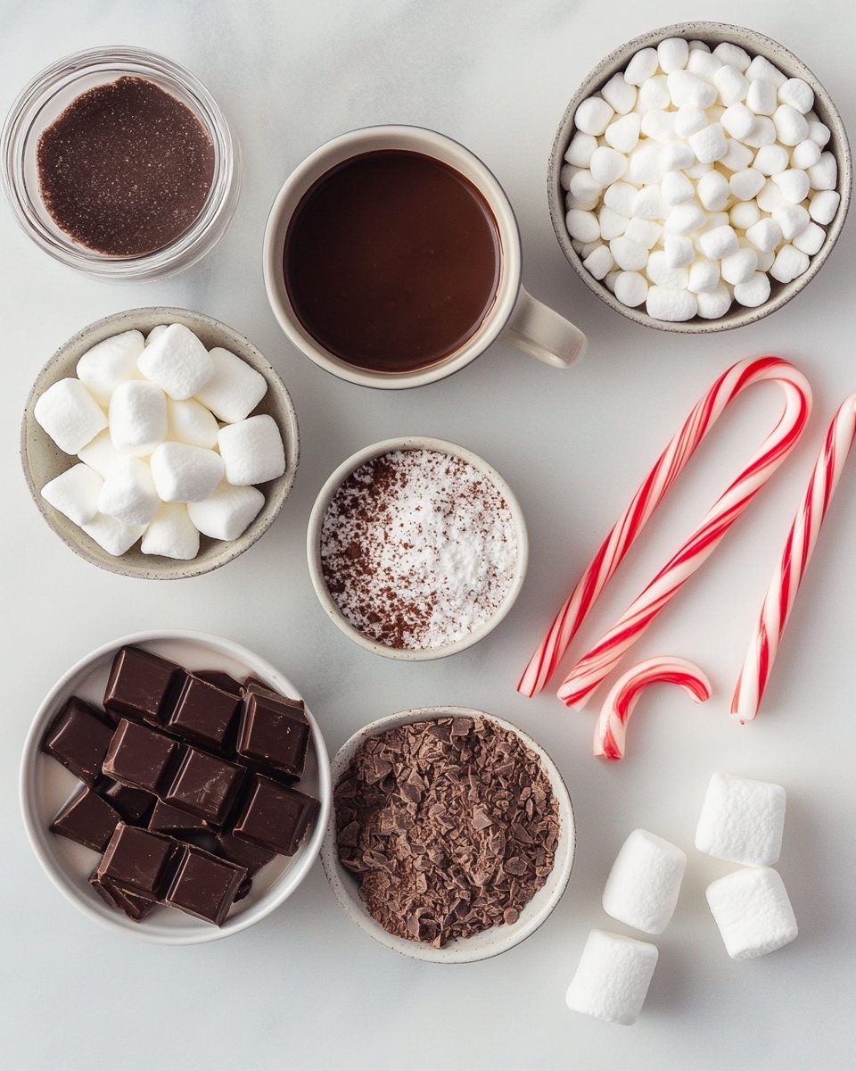 There are two chocolate cupcakes on a white plate lined with brown paper. Each cupcake has a dark brown base covered around the top edges with pink and white candy bits. On top of the cupcakes is a thick layer of small white marshmallows arranged evenly. Drizzled over the marshmallows is dark chocolate sauce, creating thin, flowing lines. Near the cupcakes on the paper are a few marshmallows, some candy bits, and drops of chocolate. A red and white candy cane is placed behind the cupcakes, partially visible. The background and surface have a white marbled texture. Photo taken with an iphone --ar 4:5 --v 7