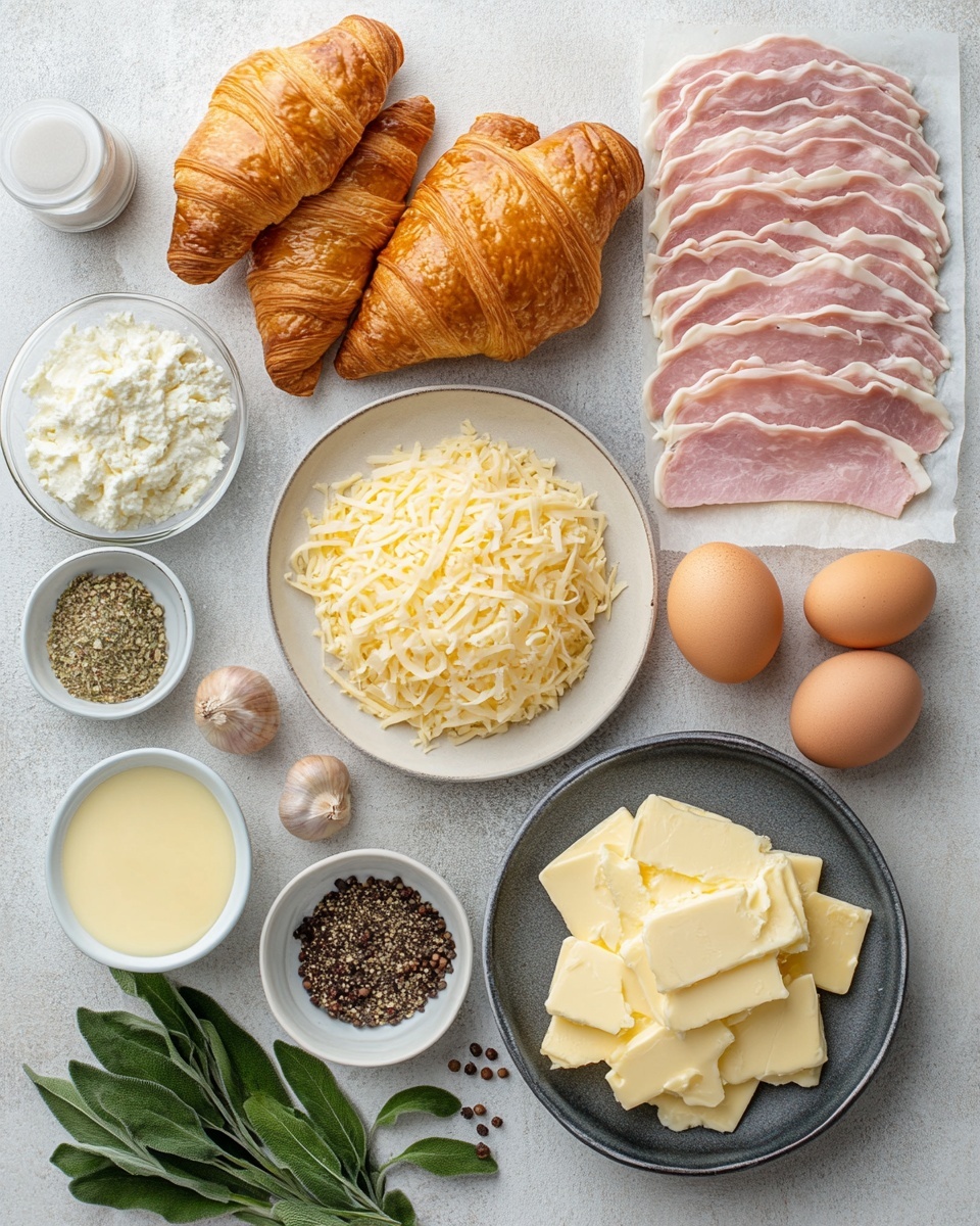 A white baking dish filled with a layered casserole featuring golden brown croissant pieces that are flaky and crispy on top, with visible folds and a toasted texture. Underneath and between the croissant chunks are layers of thin, pinkish ham slices peeking through, with melted creamy cheese that is slightly browned and bubbly in areas. Scattered over the top are small green herbs like chopped chives and thyme, adding specks of fresh color. The dish shows a mix of soft and crunchy textures with a warm, inviting look on a wooden table next to a small dish of green herbs and a few sprigs of fresh thyme. photo taken with an iphone --ar 4:5 --v 7