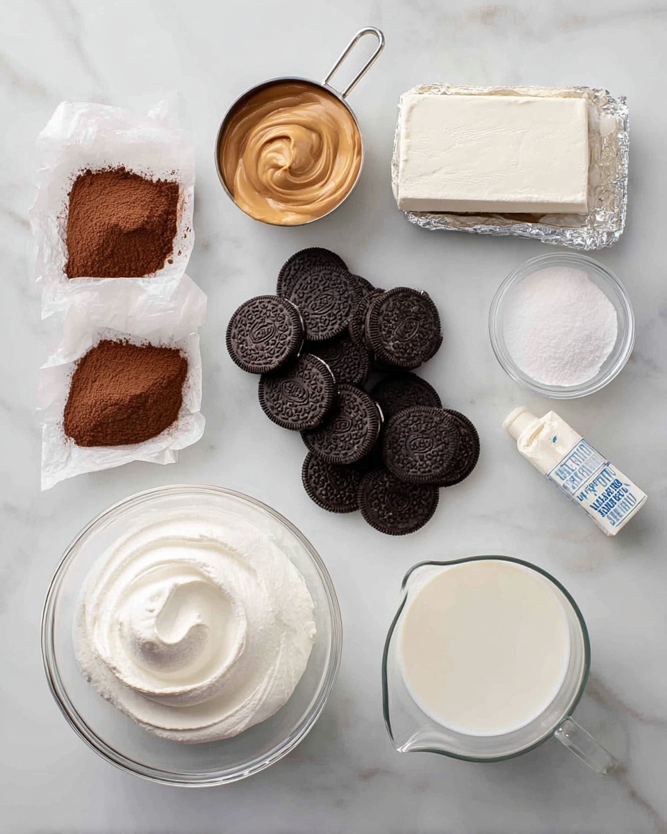 The image shows ingredients arranged on a white marbled surface. At the bottom left, there is a clear glass bowl filled with smooth, white whipped cream. Next to it towards the center are several black sandwich cookies stacked loosely in a pile. Above the cookies is a quarter cup of creamy peanut butter in a metal measuring cup. Above the peanut butter, a rectangular block of white cream cheese sits on a silver foil wrapper. To the left of the cream cheese are two small paper bags filled with brown cocoa powder. Below the cocoa powder is a small stick of butter wrapped in paper with blue markings. At the top right, a clear jar contains white powdered sugar. At the bottom right, a clear measuring cup half-filled with milk completes the arrangement. photo taken with an iphone --ar 4:5 --v 7