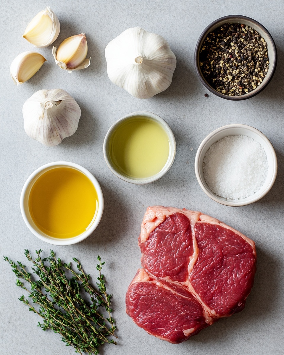 A white plate holds thick slices of medium-rare roast beef showing a brown and slightly crispy outer layer and a pink, juicy center. On top of the beef are dollops of creamy white sauce sprinkled with dried herbs and small green sprigs. Surrounding the beef are several small golden-brown roasted potatoes with a slightly charred texture. Fresh green herbs are spread around the plate adding a touch of color. The plate sits on a white marbled surface. photo taken with an iphone --ar 4:5 --v 7