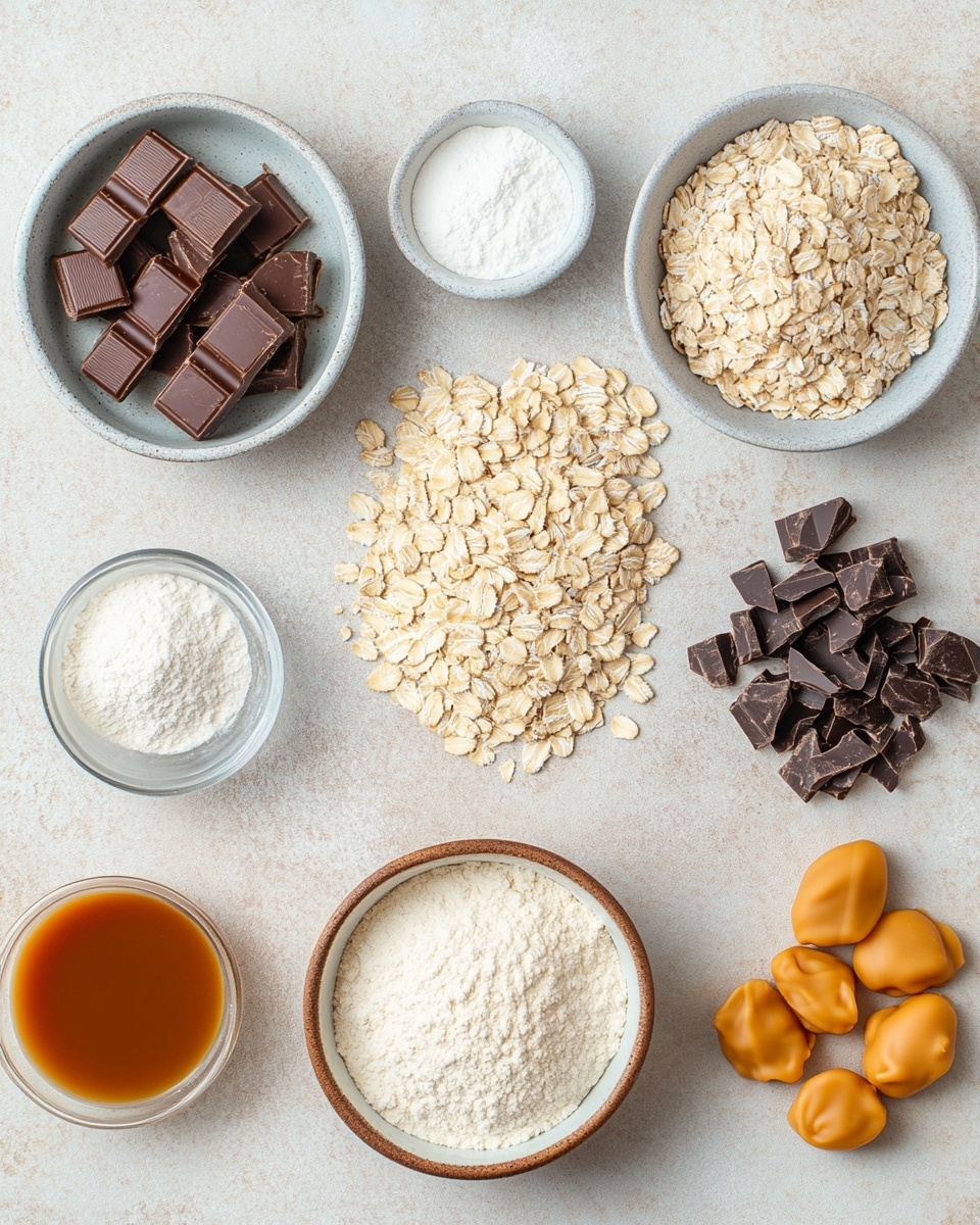 A stack of seven square oat bars sits on a white plate with small gold dots, placed on a white marbled surface. Each bar has three visible layers: a bottom layer of golden oat crust, a middle layer with melted milk chocolate and sticky caramel dripping slightly, and a top crumb layer made of oats that looks crunchy and golden brown. The bars are positioned unevenly, showing the gooey caramel and chocolate between the oat layers clearly. The background is softly out of focus showing white containers. photo taken with an iphone --ar 4:5 --v 7