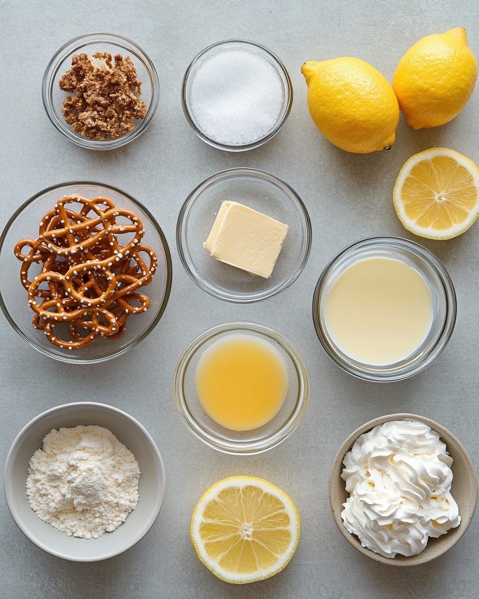 The image shows six small white bowls and plates arranged on a white marbled surface, each holding different ingredients: a bowl with fine white granulated sugar and a small wooden scoop on top, a bowl filled with smooth whipped white topping, a bowl of bright yellow lemon pie filling with a shiny, jelly-like texture, a small white pitcher containing melted butter with a glossy surface, a small white plate holding six thin, circular lemon slices, and a white plate with two thick blocks of smooth cream cheese next to a clear bowl filled with crushed pretzels that have a rough, brown, and beige texture. Photo taken with an iphone --ar 4:5 --v 7
