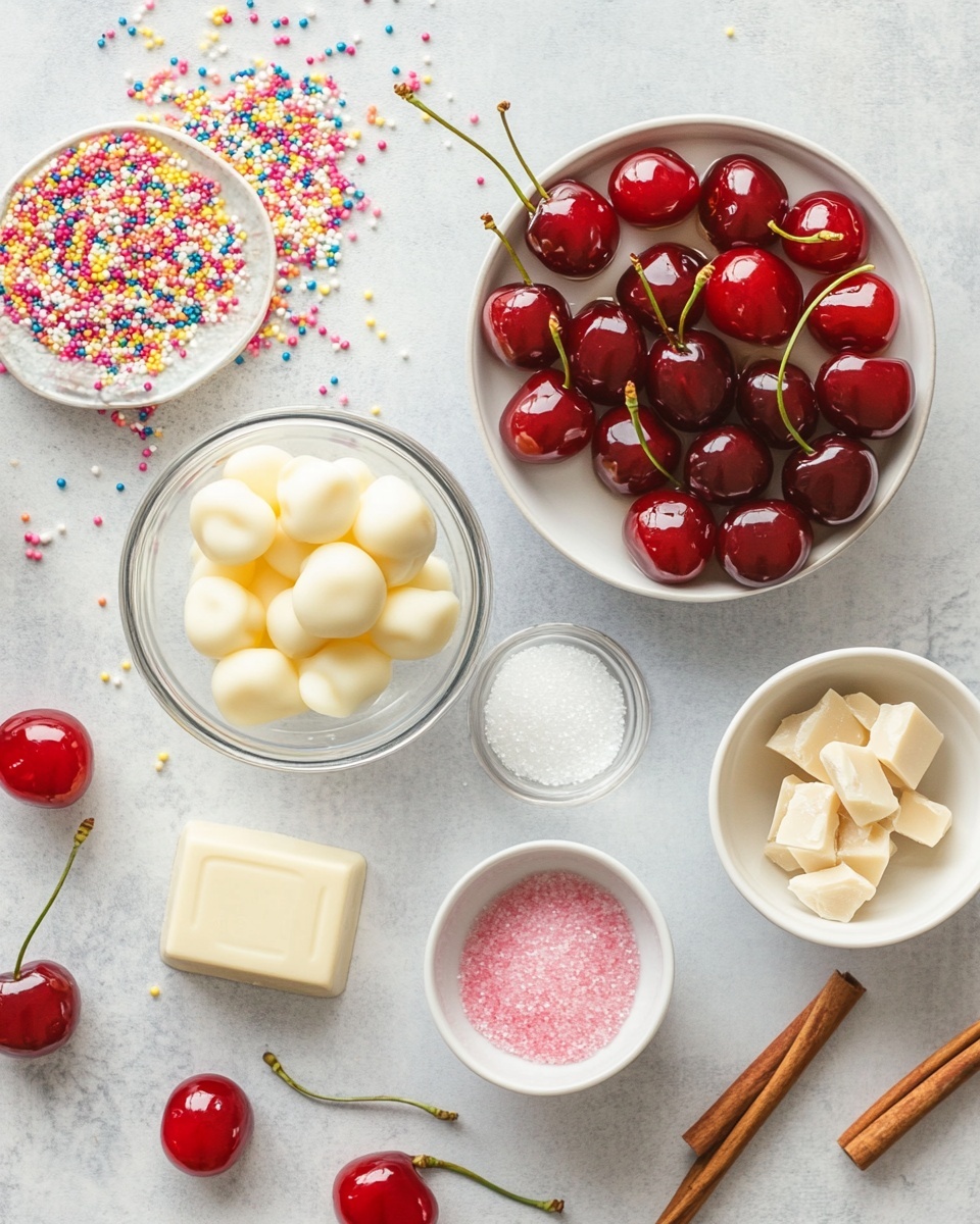 The image shows several small round treats each with three layers: the top layer is a bright red cherry with a long stem, the middle layer is a smooth white coating that covers the cherry base, and the bottom layer is covered in chunky bright red sugar crystals that stick to the white coating. These treats are placed close together on a slightly crinkled white surface, and the background is softly out of focus with more of the same treats showing. photo taken with an iphone --ar 4:5 --v 7