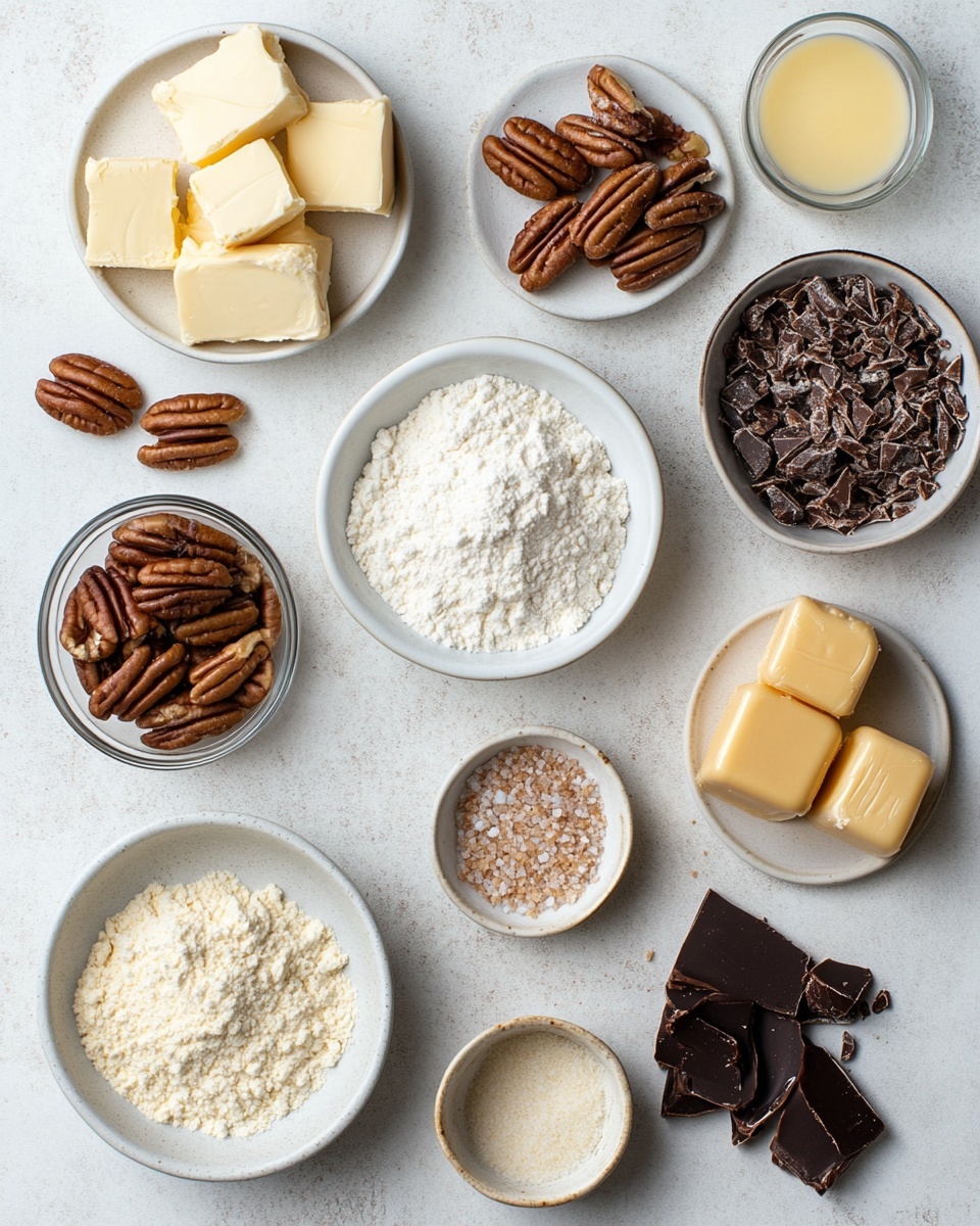 A white plate with a black rim holds ten golden-brown cookies stacked in a loose pile, each cookie topped with one or two whole pecans in the center and sprinkled with small nut pieces across the surface, showing a crunchy texture. Around the plate on a white marbled background, there is a small white bowl filled with whole pecans to the top right, and another white polka-dotted plate with a single cookie topped with two pecans at the bottom right. To the left, a glass filled with white milk and two black-and-white striped paper straws stands next to a zigzag black-and-white cloth napkin, with another small bowl holding a single cookie topped with two pecans at the bottom left. Pieces of pecans are scattered casually around the setting. Photo taken with an iphone --ar 4:5 --v 7