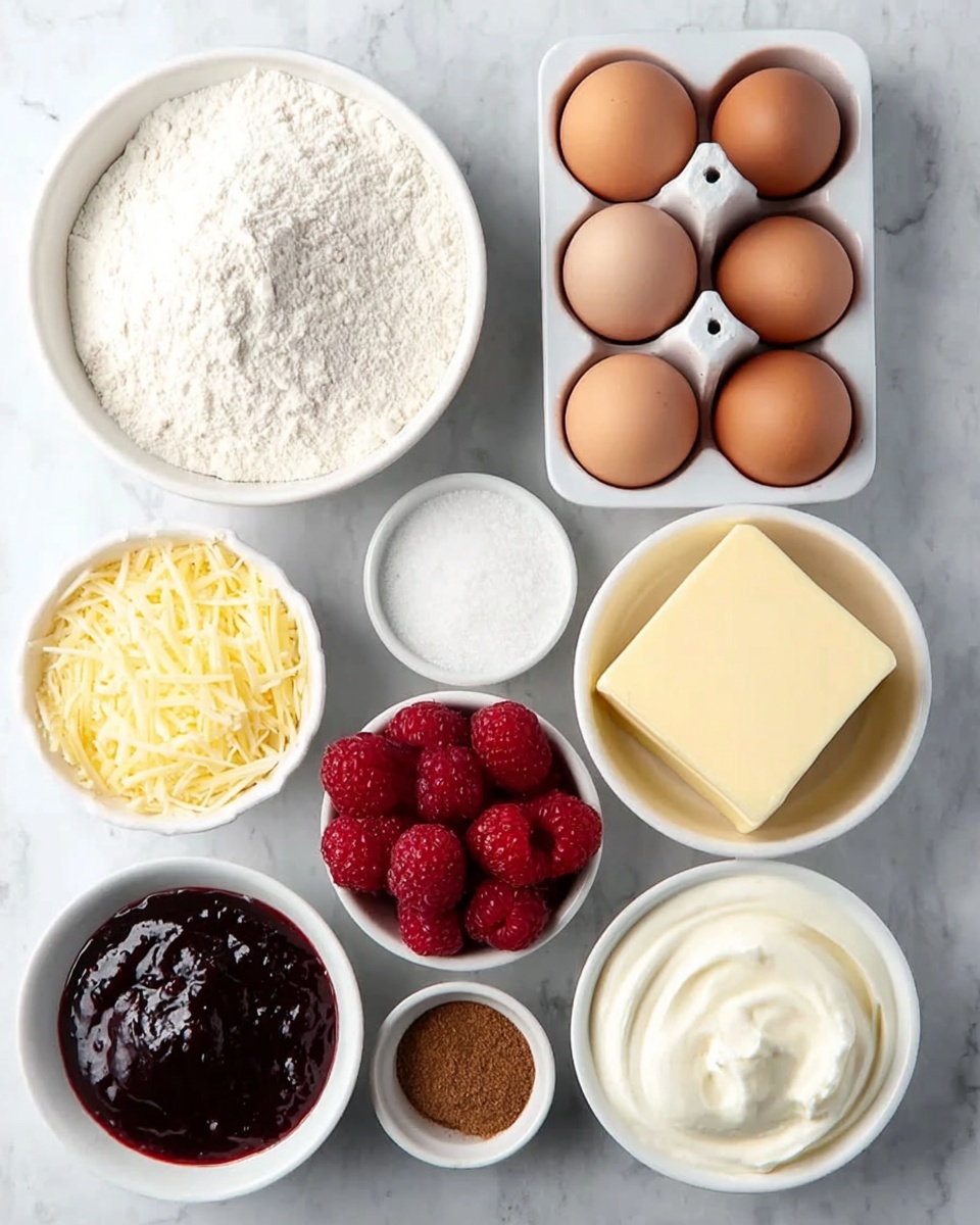 The image shows nine small white bowls arranged neatly on a white marbled surface, each holding a different ingredient. Starting from the top left, there is a bowl filled with fine white flour, next to it is a white egg holder with eight brown eggs. Below the flour is a small white bowl of granulated white sugar, and next to it is a small bowl of thin shredded yellow cheese. In the center is a bowl with soft white cream, below it is a bowl of rich red raspberries. To the right of the raspberries is a bowl with two rectangular blocks of pale yellow butter. Above the butter is a small white bowl with a pile of brown ground spice, and to the left of that is a small bowl containing dark red jam with a glossy texture. Each bowl is clearly visible and the ingredients display different soft, powdery, and solid textures. photo taken with an iphone --ar 4:5 --v 7