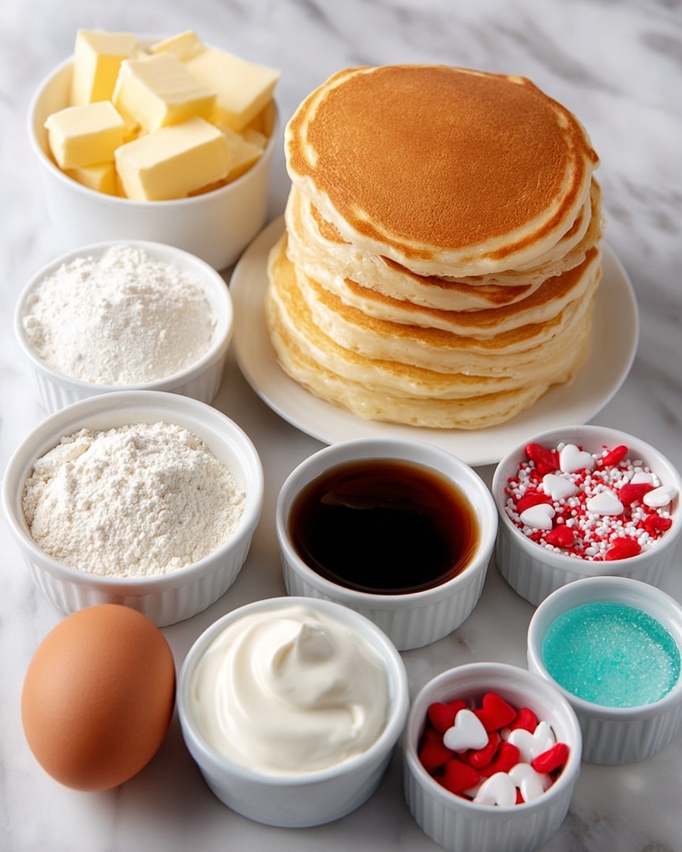 The image shows a stack of seven golden-brown pancakes placed on a white plate on the left side. Around the plate are small white bowls with various ingredients: yellow butter sticks in one bowl near the center, white sour cream in another bowl, and a light brown egg at the bottom left. Other bowls contain white flour, white powdered sugar, dark brown syrup, white whipped cream, and a blue liquid. There are also small red and white heart-shaped sprinkles in one bowl, all set on a white marbled surface. photo taken with an iphone --ar 4:5 --v 7