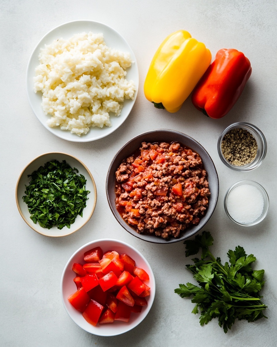 A close-up image of a white pot filled with a thick tomato-based dish that has visible layers including cooked white rice, small chunks of green and red bell peppers, ground meat, and diced tomatoes. The texture looks soft and saucy with the ingredients mixed evenly throughout. Fresh green parsley is sprinkled on top for a pop of color, and a wooden spoon is partially dipped inside the pot. The pot is placed on a white marbled surface with some green parsley stems visible in the background photo taken with an iphone --ar 4:5 --v 7