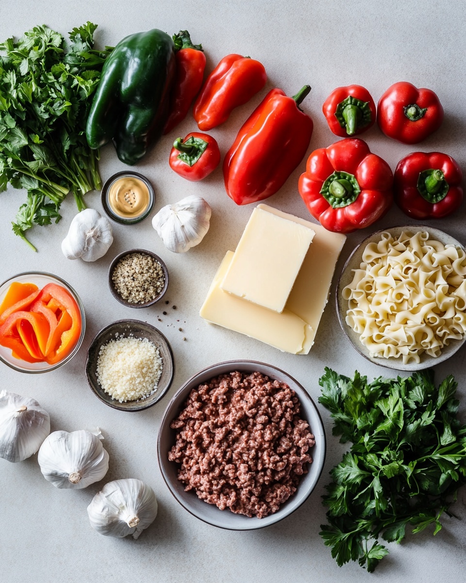 The image shows a white cast iron pan filled with a creamy baked pasta dish on a white marbled surface. The dish has one layer of curly pasta mixed with slices of mushrooms and small pieces of red bell pepper, all covered with a golden melted cheese layer that is slightly browned in some spots. The cheese has a smooth and bubbly texture and is sprinkled with small green herbs. Near the pan, there is a small white bowl with chopped green herbs and a white plate with a silver fork and a woman's hand reaching from the right side. The overall scene looks warm and inviting, with a fresh and clean background. photo taken with an iphone --ar 4:5 --v 7