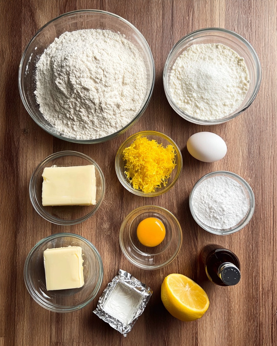The image shows a white round cooling rack holding ten round yellow cookies topped with a pattern of white powdered sugar cracks. The cookies are laid on a piece of white parchment paper on the rack. To the left of the cookies, there is a small clear glass bowl filled with granulated white sugar. A whole yellow lemon is placed at the bottom left corner outside the rack. In the top left of the image, a soft pink cloth is partially visible. The whole setup sits on a white marbled surface, and in the top right, there is a small yellow lemon wedge. Photo taken with an iphone --ar 4:5 --v 7
