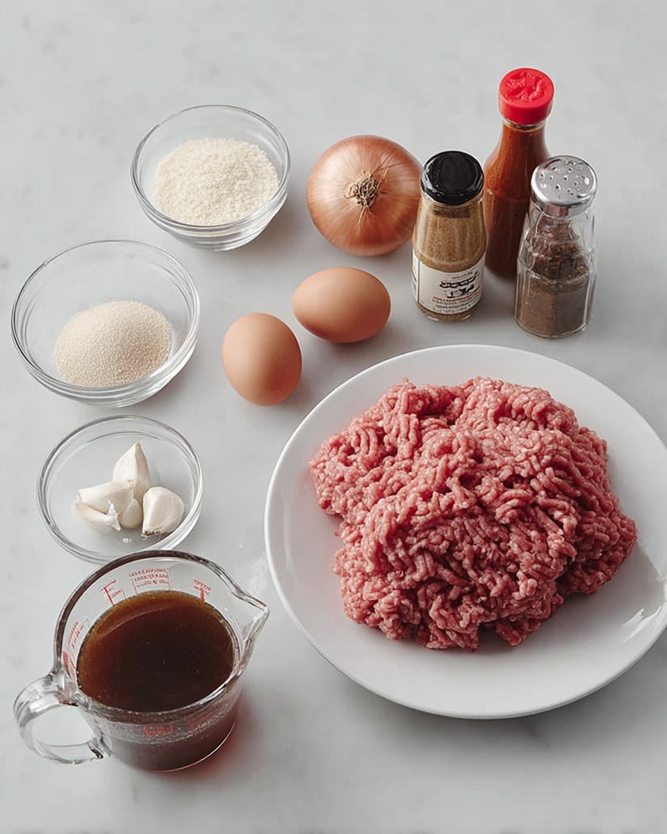 The image shows a white pan filled with five cooked oval-shaped meat patties covered in a thick brown sauce with visible chunks of soft cooked onions spread on top and around the patties. The sauce has a shiny, smooth texture and coats the patties evenly. The meat patties have a browned, slightly textured surface with some darker grilled marks. The scene is set on a white marbled surface. photo taken with an iphone --ar 4:5 --v 7