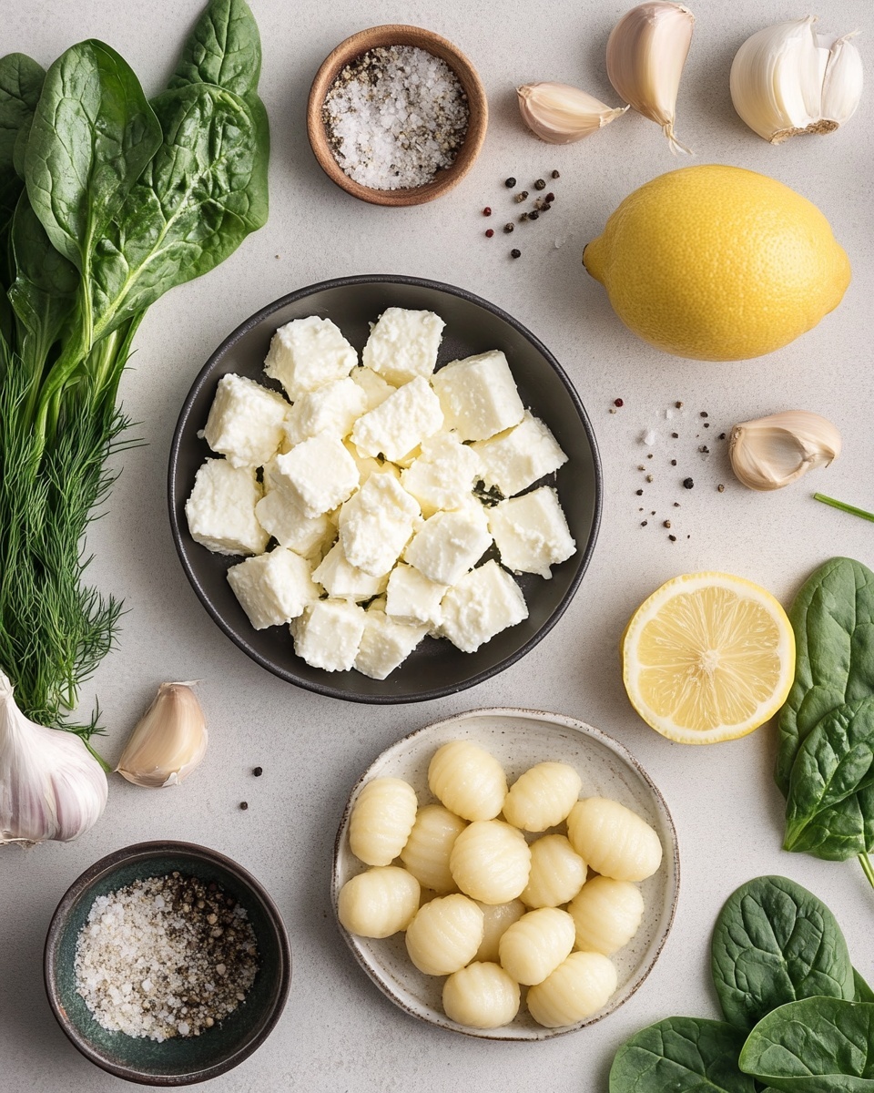 The image shows a black frying pan filled with golden-brown gnocchi pieces that look crispy on the outside. Mixed with the gnocchi are wilted dark green spinach leaves, small white chunks of soft cheese, and scattered light brown pine nuts. There are tiny bits of red chili flakes and black pepper speckled all over the dish. The pan is resting on a white marbled surface, and a small part of the blue handle is visible. photo taken with an iphone --ar 4:5 --v 7