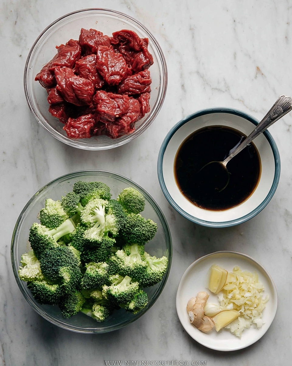 The image shows a bowl full of brown glazed meat slices mixed with bright green broccoli florets. The meat pieces have a shiny, smooth texture and sit on a bed of fresh broccoli with small, bumpy crowns and thick stems. The bowl is white with a decorative outside pattern, placed on rough beige fabric. The background has blurred kitchen items that don’t distract from the dish. photo taken with an iphone --ar 4:5 --v 7