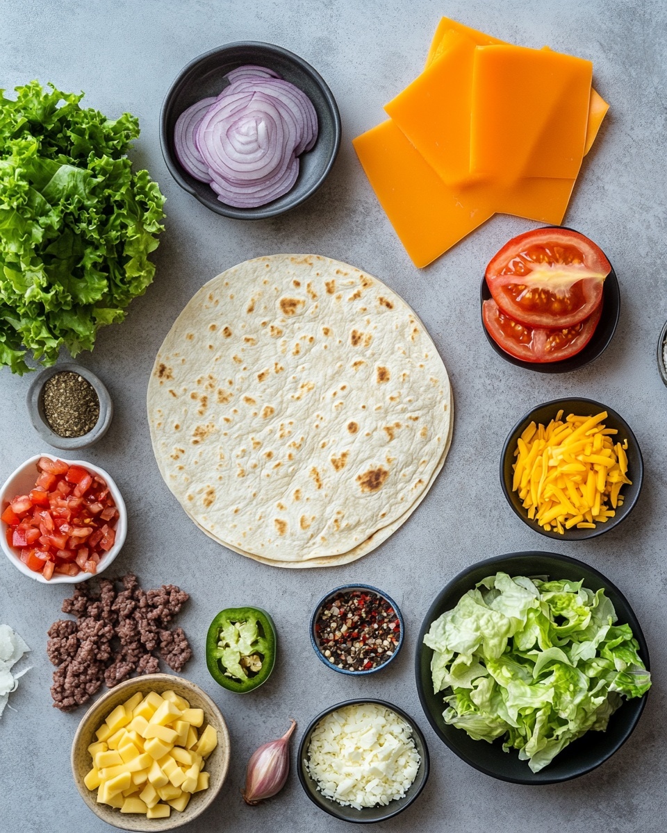 A stack of four folded quesadilla triangles is shown on a wooden board, each triangle layered with a toasted, golden-brown tortilla on the outside. Inside, there are two visible layers: melted orange cheddar cheese and cooked ground beef mixed with small bits of herbs, mostly green parsley. The filling peeks slightly out from the middle of each folded tortilla. In the blurry background, two red tomatoes and a wooden bowl of white dipping sauce with green herbs on top sit on a white marbled surface. Photo taken with an iphone --ar 4:5 --v 7