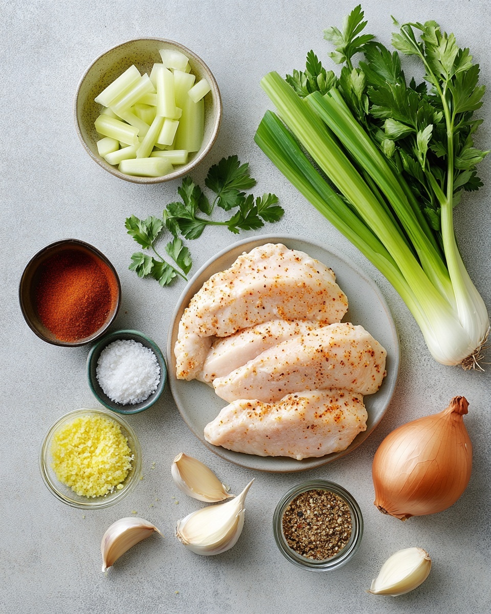 The image shows four browned chicken pieces in a white pan, covered in a light cream sauce with visible chopped green celery and small herbs. The chicken pieces have a rich golden-brown color with crispy textures, and the creamy sauce has a smooth, slightly thick consistency, surrounding the chicken and filling the pan. Green herb leaves are sprinkled on top of the chicken and sauce for garnish. The pan has a white edge, and the background is a white marbled surface. Photo taken with an iphone --ar 4:5 --v 7