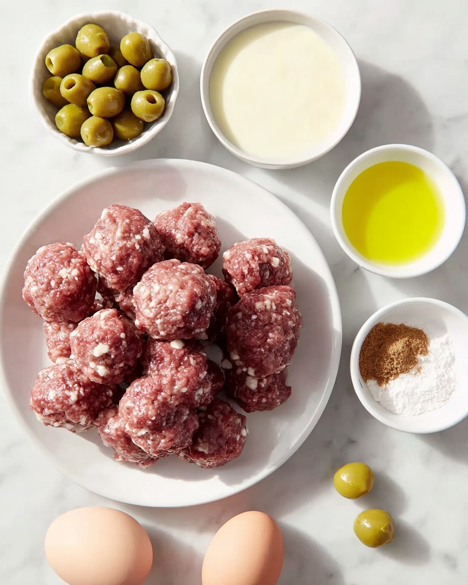 The image shows a white round plate filled with raw meatballs, each ball having a reddish-pink color with white specks, placed on a white marbled surface. Around the plate, there are four small white bowls holding different ingredients: one bowl with light green olives, another bowl filled with a creamy white sauce, a third bowl containing a yellowish liquid, and a fourth bowl with a brown powder. Next to the plate, there are two light brown eggs positioned on the white marbled surface. Three additional light green olives are scattered near the bowls. The lighting is bright and natural, making all the colors clear and fresh. photo taken with an iphone --ar 4:5 --v 7