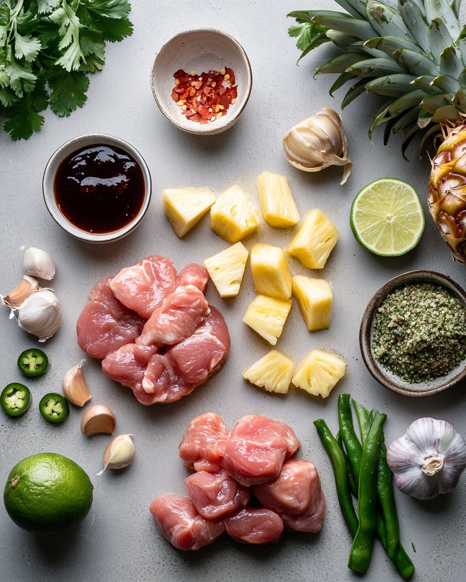 A white plate shows a bed of white rice on the bottom layer, looking soft and fluffy. On top, there are shiny dark brown glazed pieces of meat arranged across the center, mixed with bright yellow pineapple cubes and small green avocado pieces scattered evenly. Some fresh green herb sprigs with tiny purple flowers are placed on top and on the side. Two lime wedges rest on the left edge of the plate. The plate sits on a rustic wooden table with a few small pieces of pineapple and herbs around it. Photo taken with an iphone --ar 4:5 --v 7