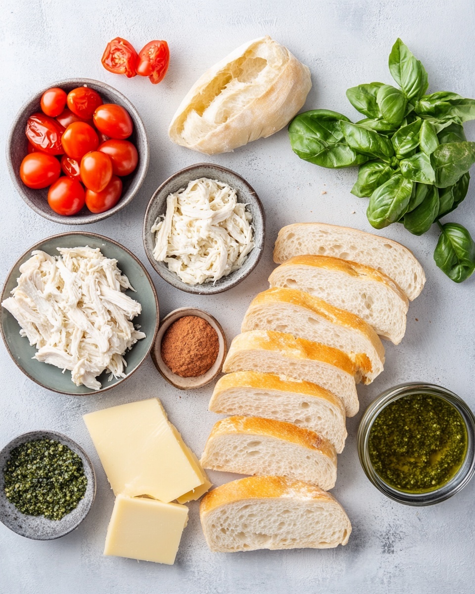 A close-up view of a toasted sandwich held by a woman's hand, showing three layers of thick golden brown bread with a crunchy texture. Between the bread layers are melted yellow cheese strands stretching apart, with visible pieces of shredded chicken and a green pesto spread adding a creamy, slightly chunky texture. There are also dark red sun-dried tomato slices inside, adding depth and color contrast. The background shows a white marbled surface with some blurred white parchment paper. Photo taken with an iphone --ar 4:5 --v 7