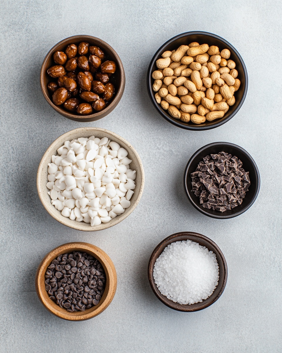 The image shows a stack of three chocolate nut clusters on a white marbled surface, with two halves of one cluster placed on top, revealing the inside. Each cluster has a rough, irregular shape with a smooth, shiny milk chocolate coating that covers whole nuts embedded inside. The nuts are light beige and visible both on the top and inside the broken halves. The chocolate is thick, and the texture looks firm. In the background, there are blurred clusters that echo the same shape and color. photo taken with an iphone --ar 4:5 --v 7