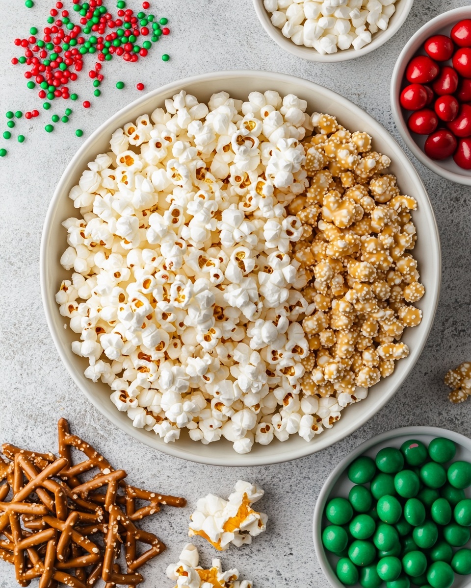 The image shows a close-up view of a colorful snack mix with three main layers. The first layer is light popcorn coated with a white glaze, giving it a shiny and smooth texture. Among the popcorn, there are scattered brown pretzels with a firm, twisted shape. The third layer includes round candy pieces in red and green with a glossy surface. The entire mix is topped with small red, green, and white round sprinkles that add a festive touch. The snack is set against a white marbled background, creating a bright and clean look. Photo taken with an iphone --ar 4:5 --v 7