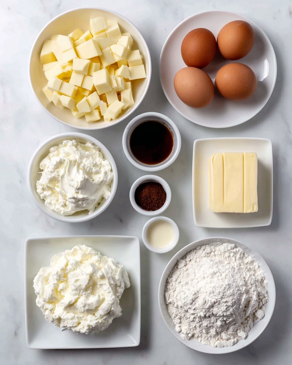 The image shows a white marbled surface with several white bowls and plates arranged neatly, each holding different baking ingredients. At the top left, a white bowl is filled with pale yellow diced pieces. To the top right, four brown eggs sit on a white plate. Below the eggs, small white bowls hold dark brown granulated sugar, white sugar, dark liquid (likely vanilla extract), and a light creamy liquid. At the bottom left, a white bowl is filled with fluffy white cream cheese or ricotta. Next to it, on a small white square plate, is a block of pale yellow butter with visible indentations. At the bottom right, a larger white bowl is filled with white powdery flour. The scene is clearly organized and evenly lit, photo taken with an iphone --ar 4:5 --v 7