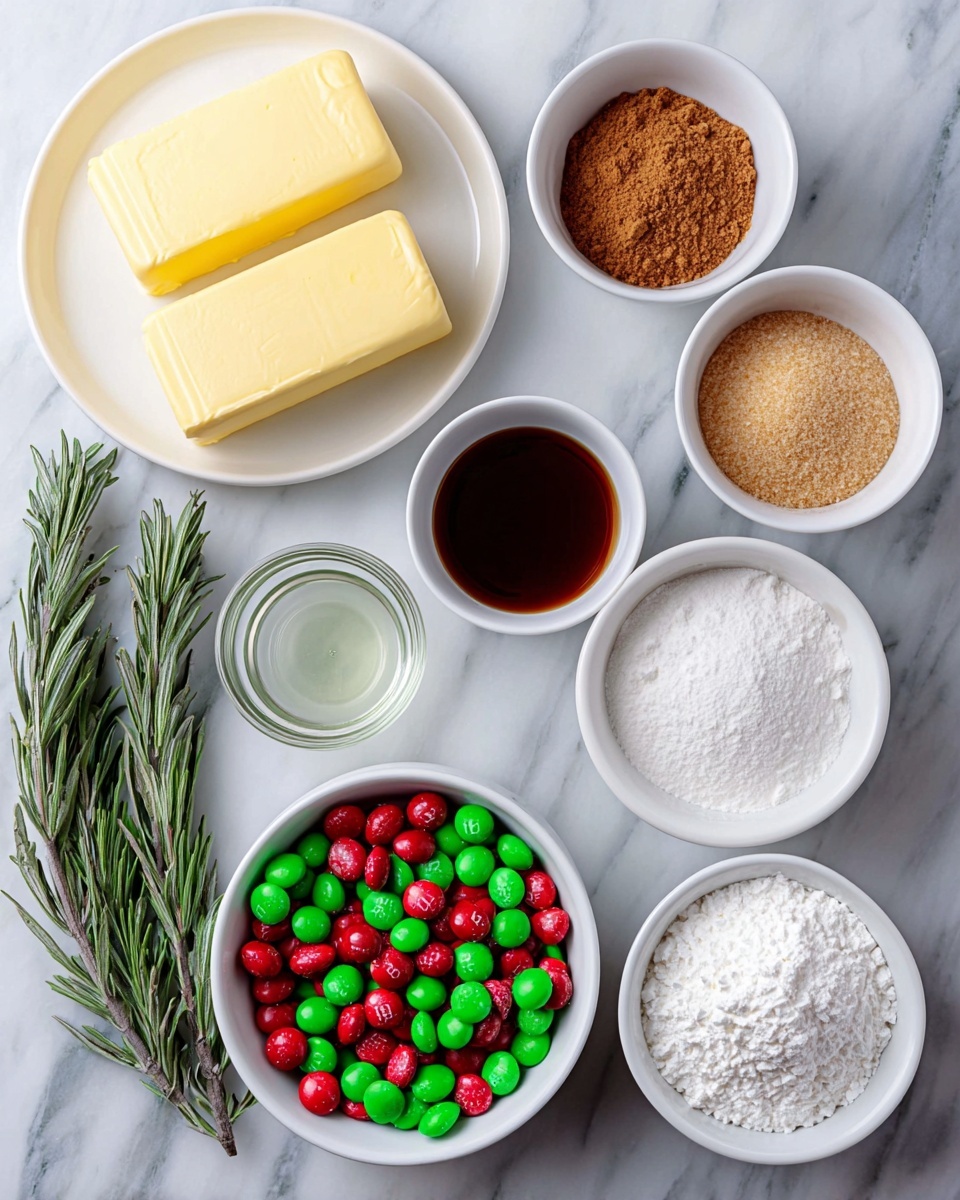 The image shows a top-down view of baking ingredients neatly arranged on a white marbled surface. There are two thick yellow sticks of butter on a white plate at the top left. To the right, there are several white bowls: one with dark brown liquid, one with light brown sugar, and one with fine white powder, possibly powdered sugar. Below the butter, a small glass bowl contains clear liquid. Fresh green rosemary sprigs lie next to the ingredients on the left side. A white bowl filled with bright red and green round candies dusted with white powder is at the bottom right. All the elements are evenly spaced and vibrant, creating a clean and organized look. photo taken with an iphone --ar 4:5 --v 7