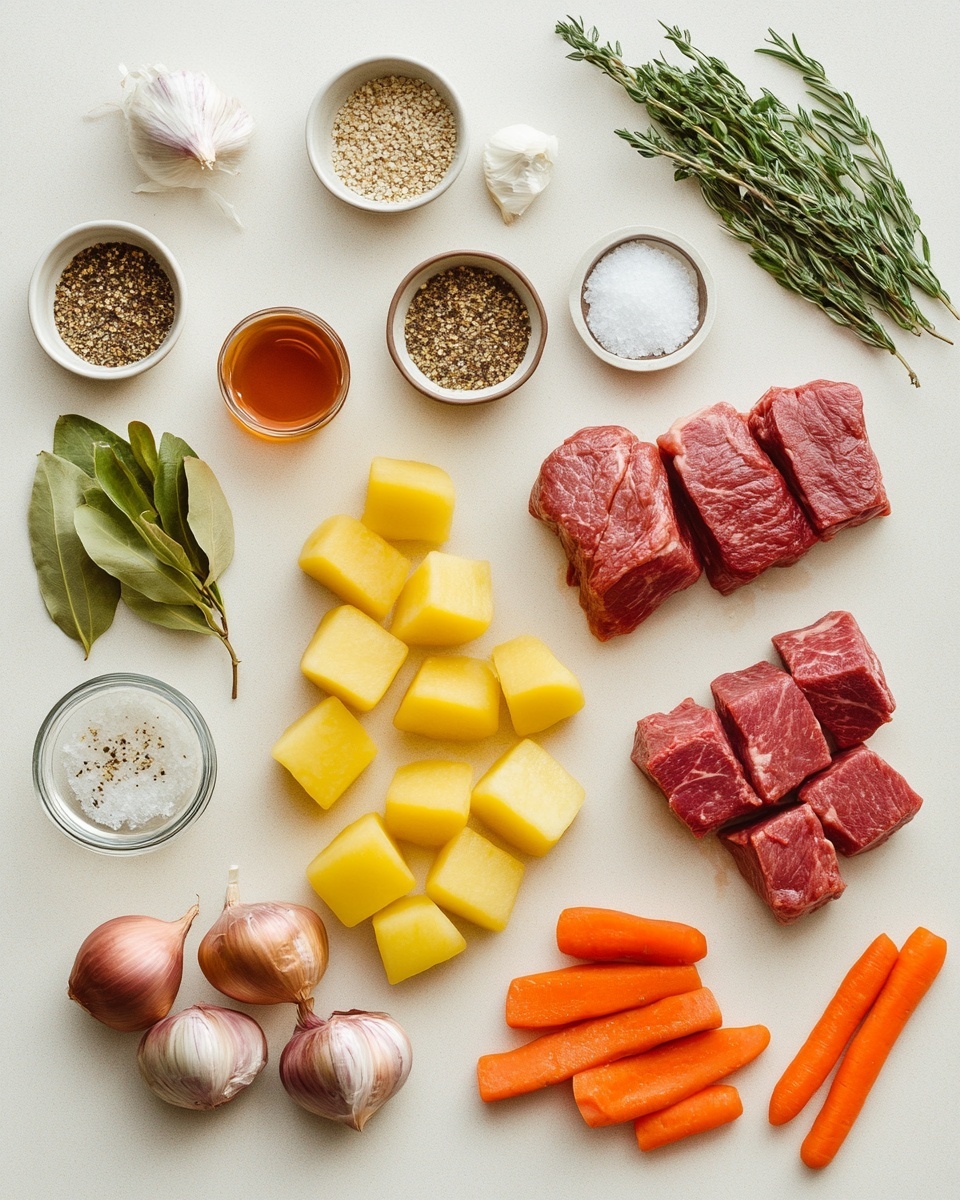 A close-up view inside a dark round pot filled with thick brown stew showing chunks of brown meat and large pieces of orange carrots and yellow potatoes mixed well in the sauce. The stew appears glossy and rich with small green herb bits sprinkled on top adding a fresh touch. A light wooden spoon is scooping a mix of meat and vegetables from the stew, partially immersed on the right side. The background shows a white marbled texture around the pot edge. photo taken with an iphone --ar 4:5 --v 7