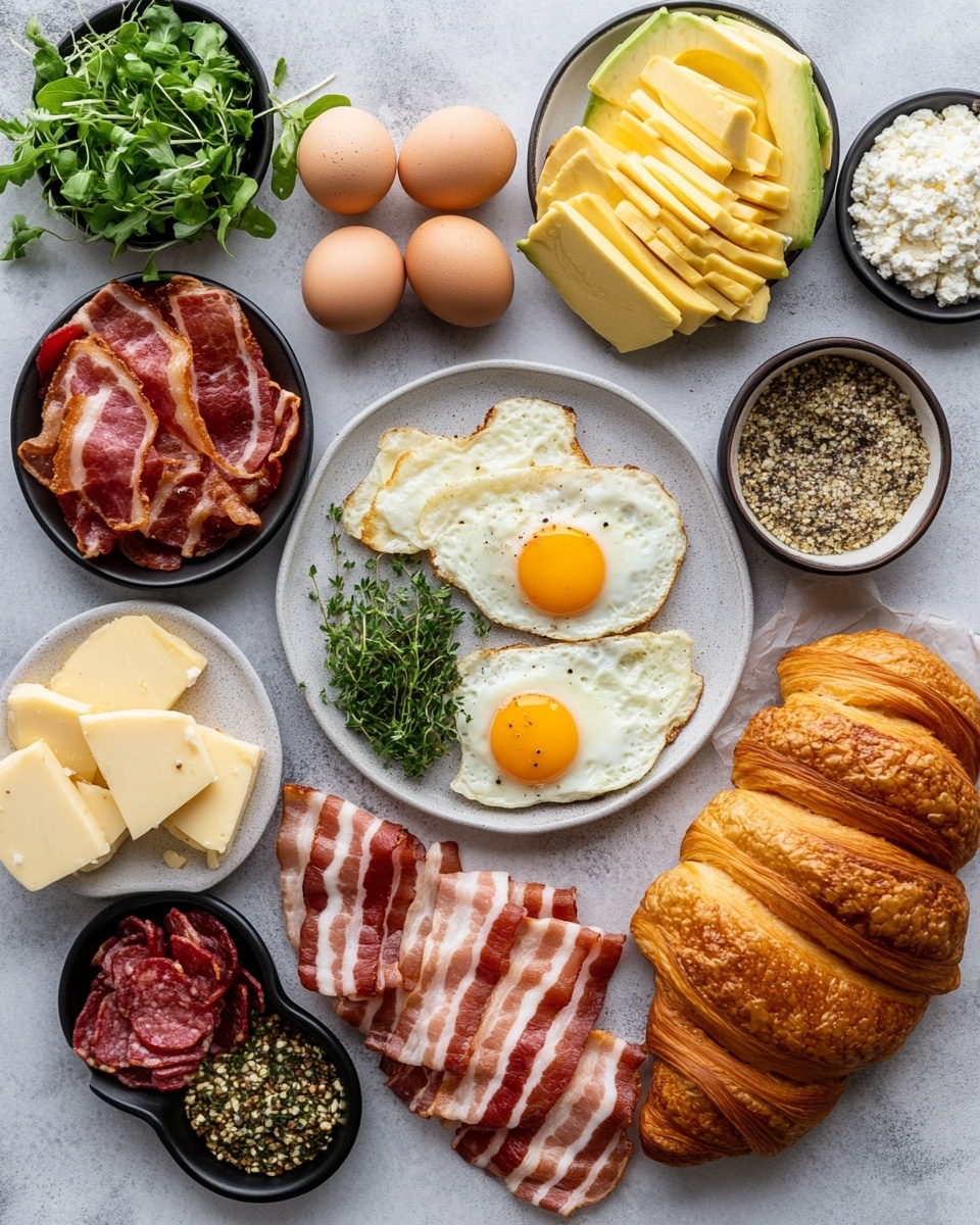 A flaky golden-brown croissant sandwich with three layers visible: the top is the crispy croissant crust, the middle features dark reddish-brown crispy bacon slices topped with bright pink pickled onions and chopped green herbs, and the bottom layer shows creamy yellow scrambled eggs mixed with green avocado slices on the croissant base. The sandwich sits on a white plate on a white marbled surface, surrounded by green mint leaves and small white flowers, with part of a striped blue and white cloth and more croissants blurred in the background. photo taken with an iphone --ar 4:5 --v 7