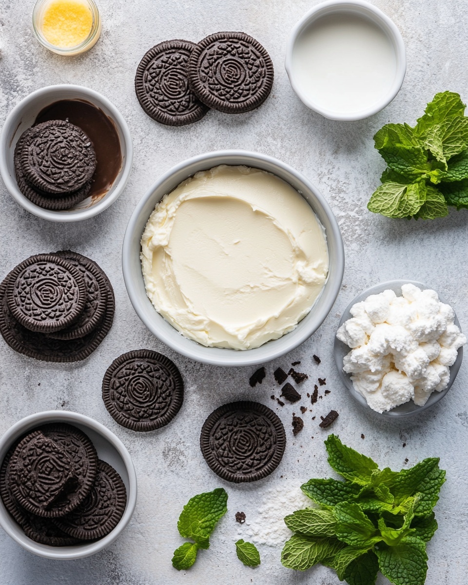 The image shows a slice of layered dessert on a white plate with a silver fork. The dessert has four layers: a dark chocolate cookie crust at the bottom with a crumbly texture, above it a smooth light green layer, on top of that a thick creamy brown chocolate layer, and finally a fluffy white whipped topping. The top layer is decorated with broken small chocolate cookies filled with green cream. In the background, there is a white bowl filled with whole chocolate cookies with green cream, a white cup with a dark drink, and a baking pan with more slices of the same dessert. The setting has a clean white marbled surface and a white tiled wall. Photo taken with an iphone --ar 4:5 --v 7