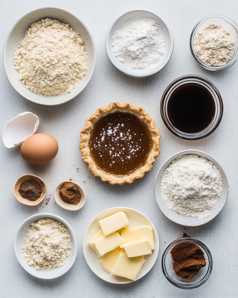 A slice of pie with three visible layers sits on a white plate against a white marbled background. The bottom layer is a dark, sticky filling with a shiny texture, topped by a thick, slightly crumbly middle layer of a lighter brown color. The top layer is a thick, golden crumb crust with a rough texture. The pie crust on the edge is light golden with a slightly wavy rim. Nearby, the rest of the pie is in a clear glass pie dish, showing the same layers, with one slice missing. A fork holds a piece of the slice on the plate. Photo taken with an iphone --ar 4:5 --v 7