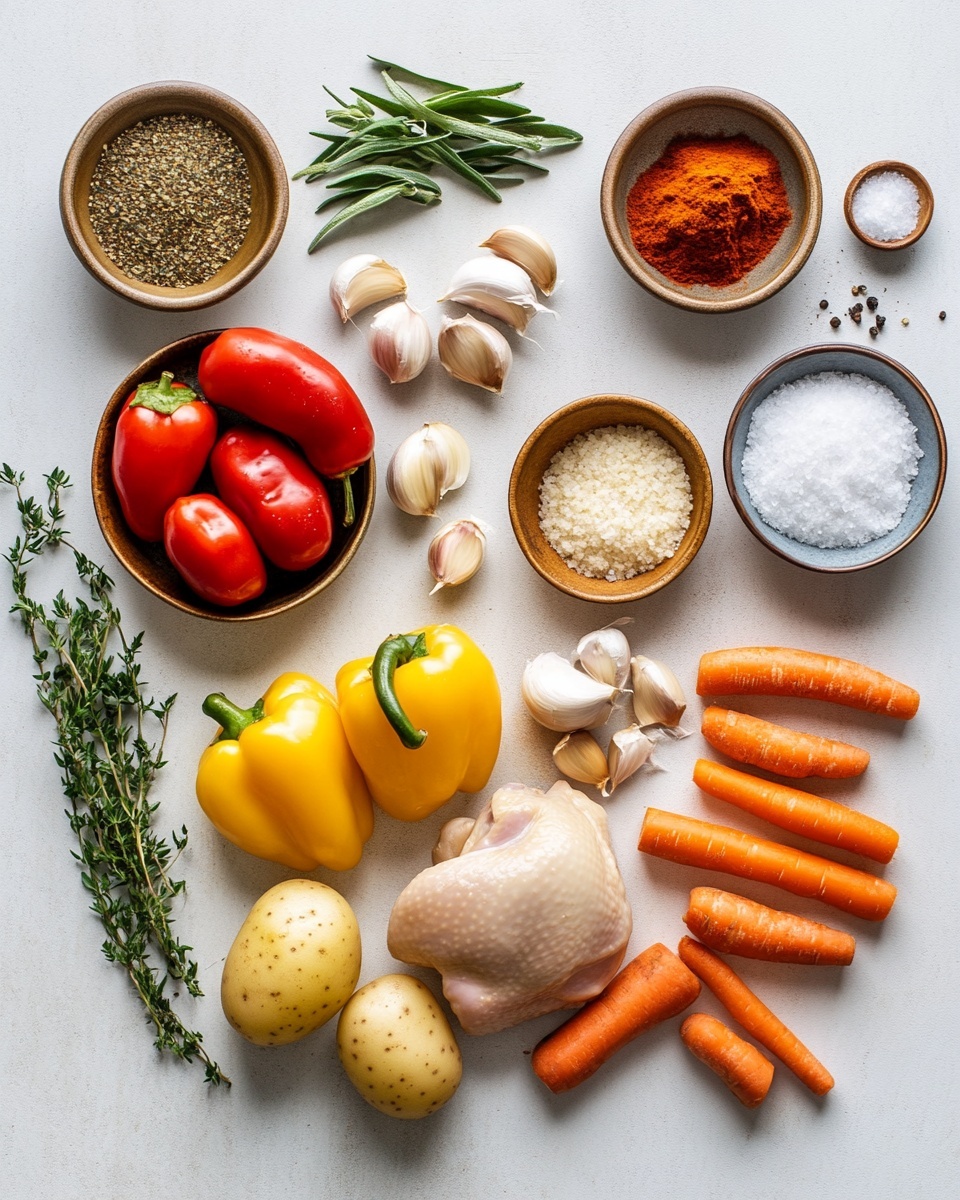A white pot filled with a rich brown stew containing around ten pieces of cooked chicken drumsticks and thighs, covered with thick sauce that has visible chunks of orange carrot, yellow potato, and green herbs. The pot is placed on a wooden surface with fresh red and green peppers and sprigs of thyme nearby. A wooden spoon rests inside the pot on the right side, partially submerged in the sauce. There is an orange cloth under the pot on the lower right side with a few more thyme sprigs on top. Photo taken with an iphone --ar 4:5 --v 7