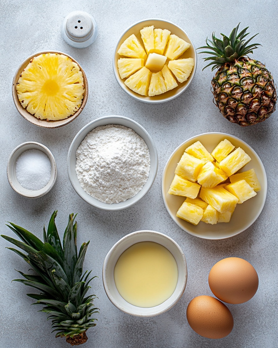 The image shows three stacked rings of golden-yellow pineapple slices, each ring having a hole in the center and arranged neatly on top of each other. The pineapple slices have a shiny, juicy texture with a light, translucent quality. Around the edges and the center hole of each pineapple ring, there are sparkling white sugar crystals that glisten and catch the light. The stack is placed on a white plate sitting on a white marbled surface, with a softly blurred background. The close-up view highlights the fresh, glossy, and sugary texture of the pineapple slices. photo taken with an iphone --ar 4:5 --v 7