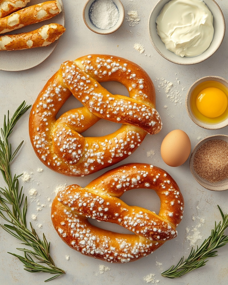 A close-up image shows a woman’s hand holding two soft pretzels stacked together, both covered in a layer of cinnamon sugar that gives them a grainy texture and a warm brown color. Behind them, several more cinnamon sugar pretzels rest on a silver wire rack placed on a white marbled surface. The pretzels have a smooth, baked dough texture with the sugar coating adding a slightly rough look. In the background, a small white container with creamy sauce is partially visible out of focus. The photo taken with an iphone --ar 4:5 --v 7