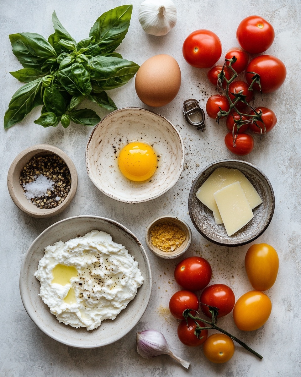 The image shows several square-shaped tarts with a golden brown puff pastry base that looks crispy on the edges. Each tart has a creamy white layer of cheese spread evenly inside the pastry border. On top of the cheese, there are halved cherry tomatoes in red, orange, and yellow colors, adding bright spots of color. The tomatoes have a slightly roasted look with small black pepper specks on them. Thin strips of fresh green basil leaves are scattered on top of the tomatoes, adding a fresh touch. The tarts are placed closely together on baked parchment paper with a soft focus on each tart. The photo taken with an iphone --ar 4:5 --v 7