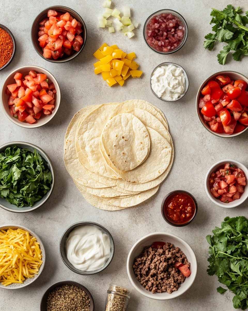 A slice of quesadilla sits on a clean white plate, showing three clear layers: a top layer of light golden toasted tortilla, a middle layer of melted yellow cheese slightly oozing out, and a thick bottom layer filled with browned ground beef mixed with small bits of onion and red pepper. The quesadilla slice is topped with a dollop of white sour cream and fresh diced tomatoes, white onions, and green jalapeño pieces sprinkled over it. There are extra diced tomato, onion, and cilantro scattered around the plate for color. In the back, part of the white baking sheet holds more quesadilla slices, and a small bowl filled with fresh tomato salsa with a wooden spoon is also visible. The whole scene rests on a white marbled surface with some parsley leaves for garnish. Photo taken with an iphone --ar 4:5 --v 7