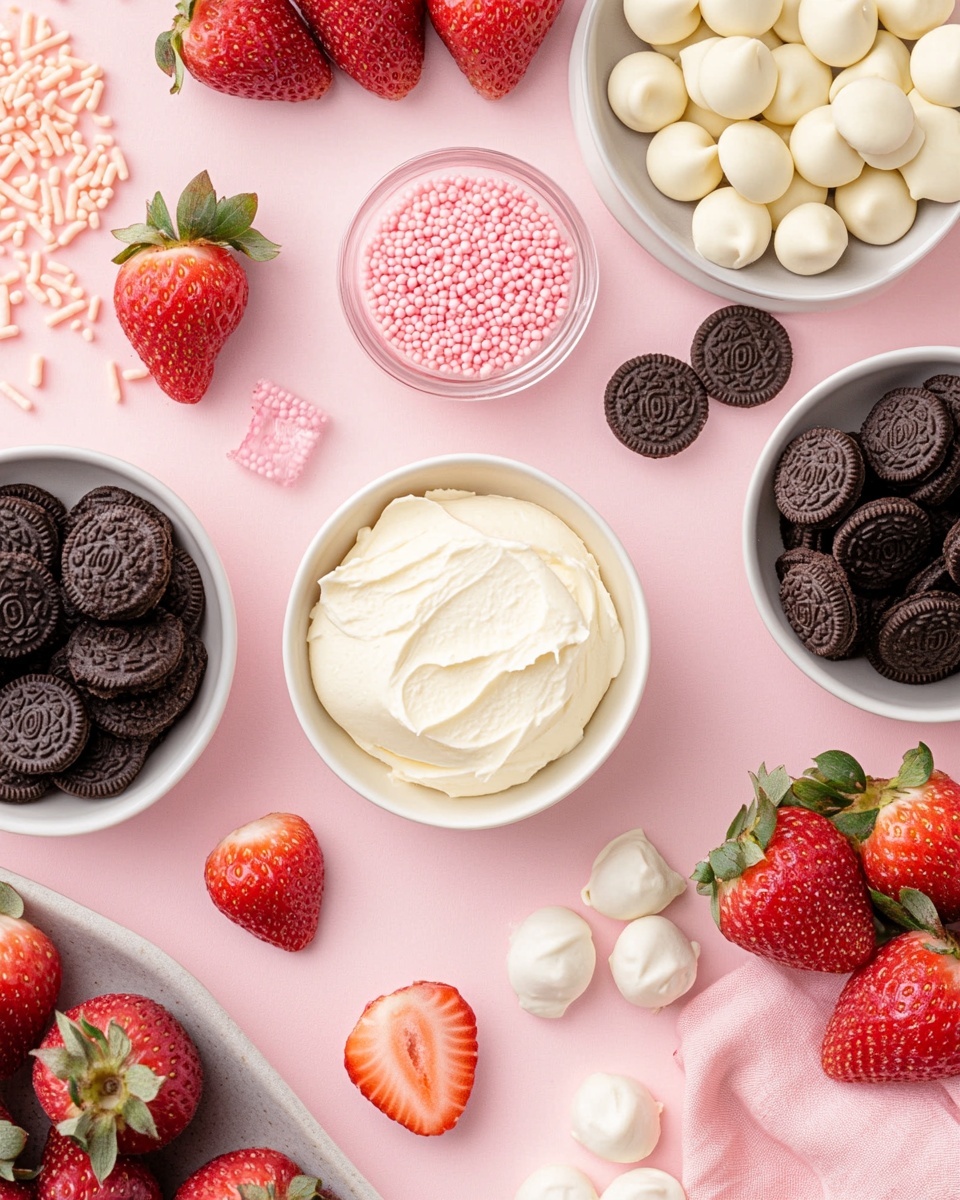 A red scalloped cake stand holds a pile of round treats covered in smooth, pale cream-colored coating. Each treat is decorated with small red, pink, and white sprinkle pieces scattered on top. The stand is placed on a white marbled surface, and in the background, a white container with fresh red strawberries is visible along with a red 