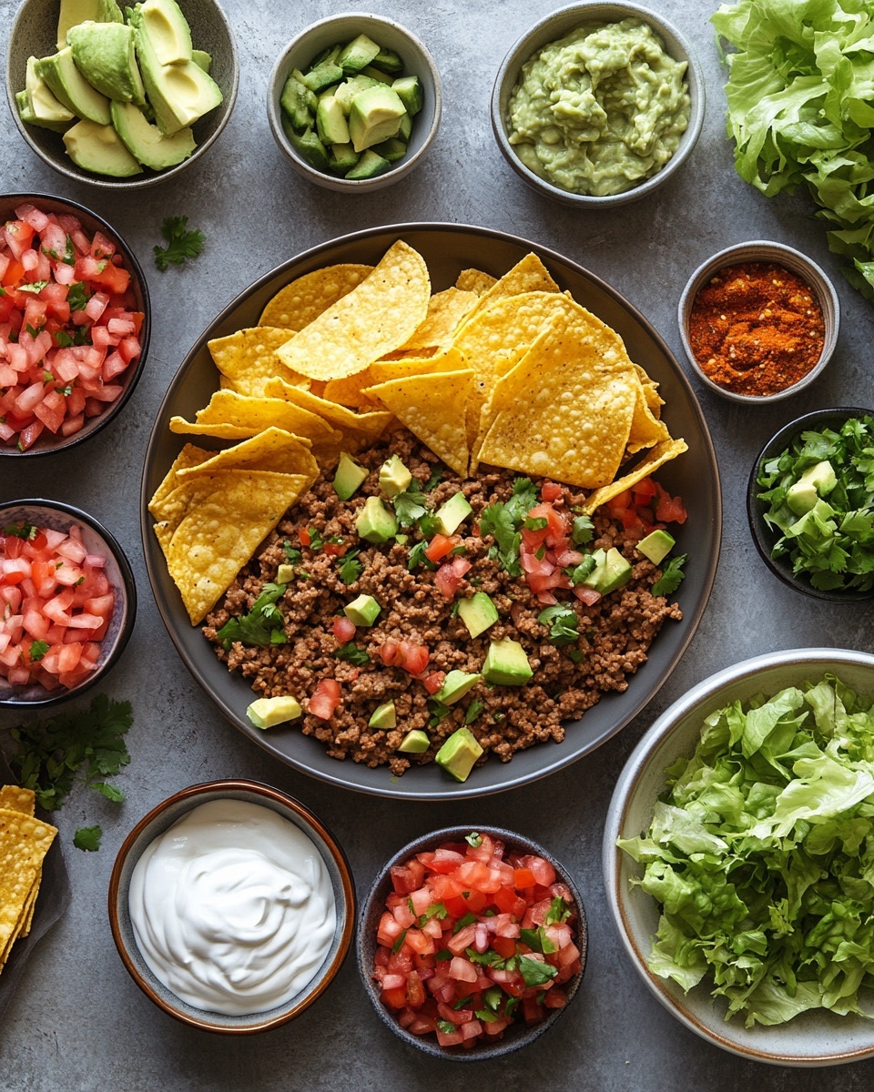 This image shows eight small taco cups arranged on a white plate with a thin black rim, placed on a white marbled surface. Each taco cup has four layers: the bottom layer is a golden, slightly crispy taco shell forming a cup shape with crimped edges; inside is a layer of brown cooked ground meat; above that is a layer of shredded light yellow cheese and thin green lettuce strips; the fourth layer is a textured bright green guacamole dollop topped with a smooth white cream swirl, and finally, small chunks of red fresh tomatoes with green herbs on top. The background includes a blurred white bowl filled with red salsa and more taco cups, all set against the white marbled surface. photo taken with an iphone --ar 4:5 --v 7