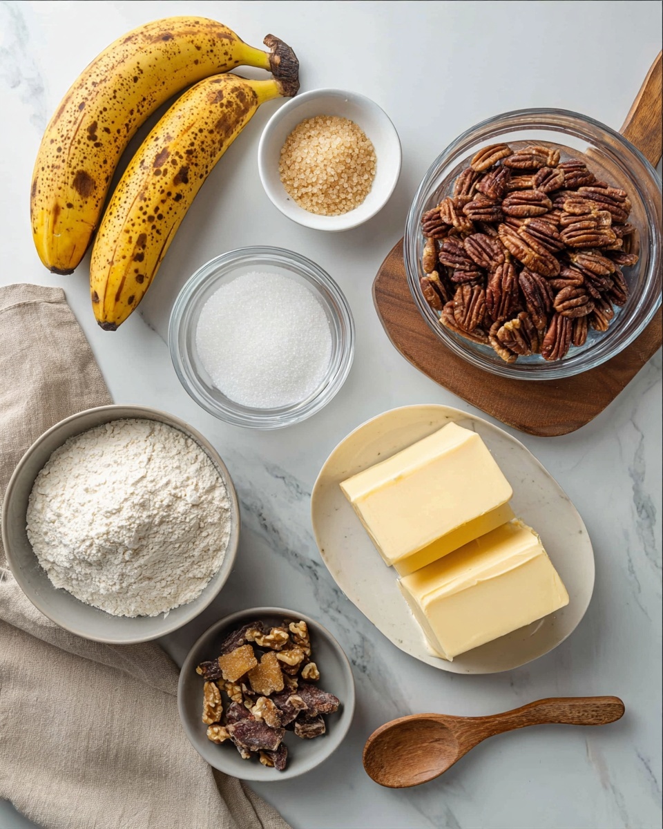 The image shows six main ingredients arranged neatly on a white marbled surface: two ripe yellow plantains with brown spots lie on the top left, a small white bowl with light brown sugar crystals is next to them, and a large clear glass bowl filled with dark brown spiced pecans is placed on a small wooden board to the right. Below these, there is a gray bowl filled with white flour, a clear glass bowl holding white granulated sugar, and two rectangular blocks of yellow butter on a white plate with a speckled pattern. A small gray bowl with brown pieces of crushed nuts or sugar sits at the bottom left corner, and a folded beige cloth with a long wooden spoon resting on it is at the bottom right. The overall presentation is clean and organized with soft natural light. photo taken with an iphone --ar 4:5 --v 7