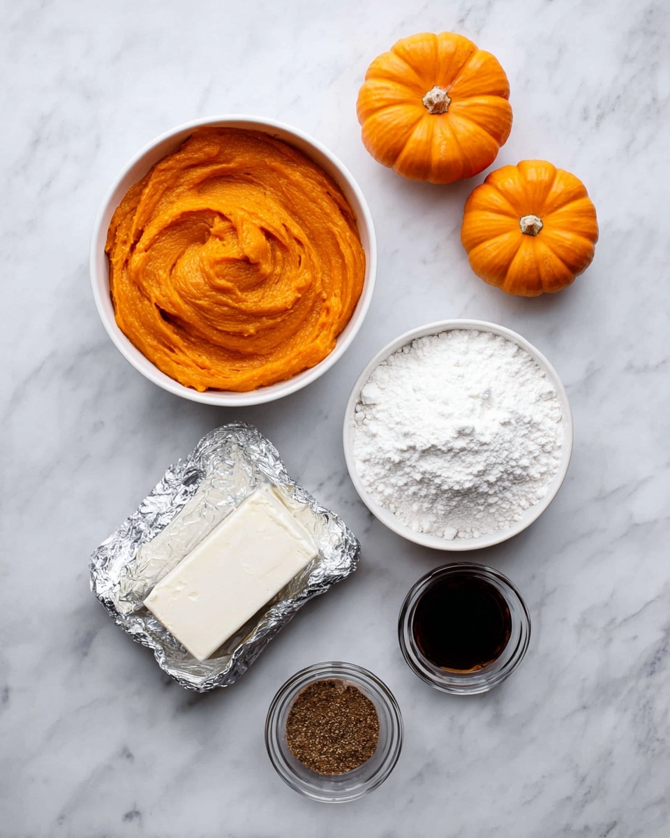 The image shows five items placed on a white marbled surface. At the top left, there is a white bowl filled with smooth orange pumpkin puree with visible soft swirls. To the right of the bowl, two small bright orange pumpkins are placed close to each other. Below the bowl of pumpkin puree is a silver wrapped block of cream cheese. To the right of the cream cheese, there is another white bowl filled to the top with a powdery white substance, likely powdered sugar, with a slightly uneven surface texture. At the bottom center, there is a small round container with a mix of brown spices, and next to it on the right, a small dark glass jar filled with dark liquid, possibly vanilla extract. Photo taken with an iphone --ar 4:5 --v 7
