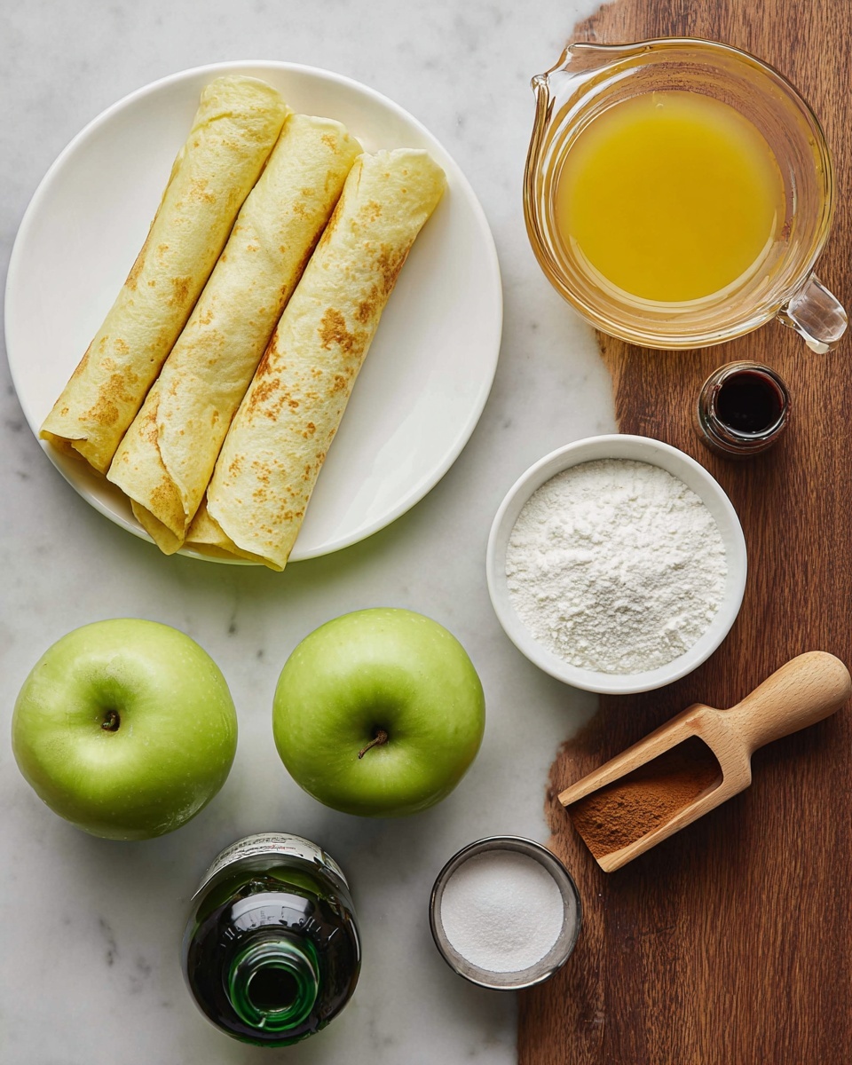 Two rolled tortillas with a pale yellow color and soft texture lie side by side on a white plate near the top left corner. To the right of the plate is a glass measuring cup filled halfway with melted yellow butter. Below them, on a white marbled surface, are two green apples with shiny smooth skin scattered slightly apart. Near the apples is a dark glass bottle with a green cap. A wooden measuring cup holds white granulated sugar, placed next to a small white bowl also filled with white granulated sugar. A small metal cup with ground brown cinnamon powder and a small dark cup with a dark brown liquid are set nearby, all arranged neatly on the white marbled surface. photo taken with an iphone --ar 4:5 --v 7
