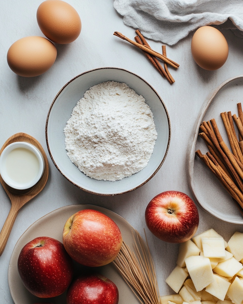 A single round pastry sits on a stack of two white plates, the pastry has three visible layers: a flaky golden-brown base, a middle layer of cooked brown cinnamon apple pieces, and a top layer of white icing drizzled in zigzag patterns across the apple pieces. The plates rest on a light wooden texture table. In the background, a red apple, part of a wooden board with two more similar pastries, a dark blue pitcher, and a white cup filled with black coffee are softly blurred. The scene is bright with natural light. photo taken with an iphone --ar 4:5 --v 7