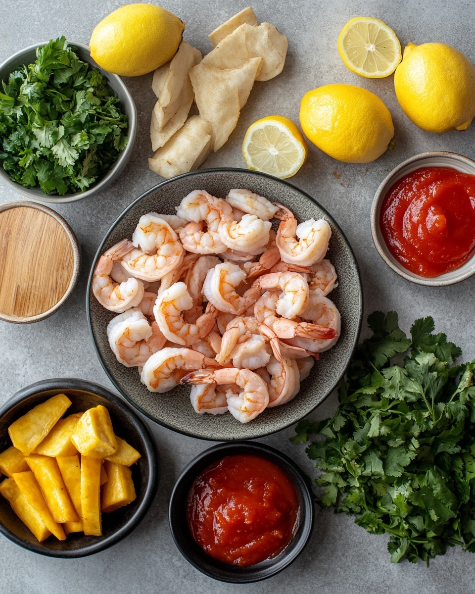 The dish is served on a white plate with black curved lines near the edges, placed on a white marbled surface. It has three main layers: the bottom layer is a thick, coarse-textured mound of light yellow mashed food, slightly round and rustic in shape. On top of this, there are four orange-pink cooked shrimps arranged in a circular shape. The shrimps have a shiny, slightly oily texture. Surrounding the base mound is a sauce with a shiny, oily look, orange in color with small chunks of tomato-like pieces scattered around. A small green herb garnish rests in the middle of the shrimp circle, adding a fresh touch to the presentation. photo taken with an iphone --ar 4:5 --v 7