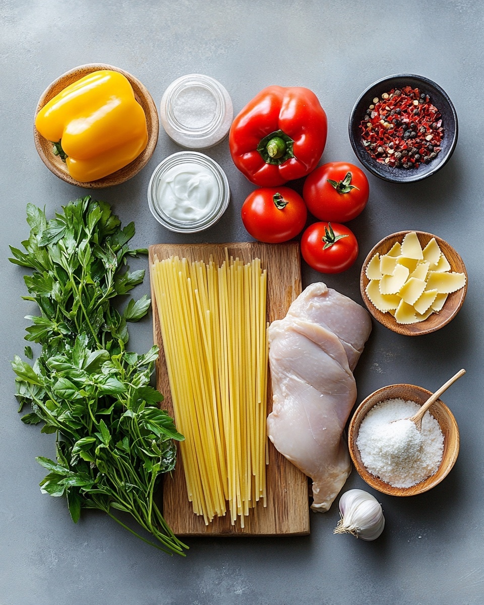A close-up of creamy spaghetti pasta mixed with shredded light-colored chicken pieces and small vegetables like diced red tomatoes and green bell peppers, all coated in a thick, orange-beige sauce. The dish is garnished with scattered fresh green parsley leaves. The pasta strands twist and layer throughout the image, showing a rich texture that looks smooth and slightly glossy. The background has a white marbled texture. photo taken with an iphone --ar 4:5 --v 7