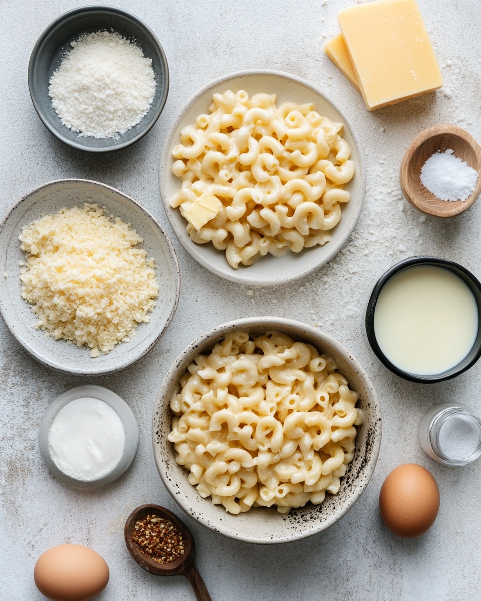 A thick square piece of macaroni and cheese sits in the center of a white plate with a smooth texture. The macaroni is baked with a golden-brown crust on top, showing bubbly, crisp browned edges and a slightly rough surface. Below the crispy top is a dense layer of creamy, soft pasta coated in yellow cheese sauce, with visible small pasta tubes tightly packed together. A golden fork rests to the right side of the plate. The plate is placed on a white marbled surface with a soft, blurred background. Photo taken with an iphone --ar 4:5 --v 7