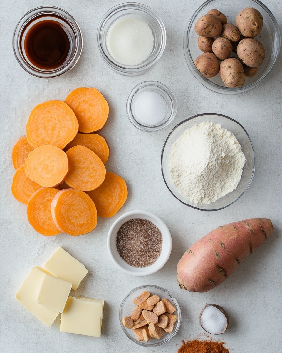 The image shows a white round pot with handles on both sides, placed on a white marbled surface. Inside the pot, there are several thick slices of orange sweet potatoes layered unevenly, partially overlapping each other. The sweet potatoes are cooked and coated in a shiny, sticky-looking brown syrup with visible melted butter on top, giving the dish a glossy texture. The slices vary in shape and size, and the syrup pools slightly around them. photo taken with an iphone --ar 4:5 --v 7
