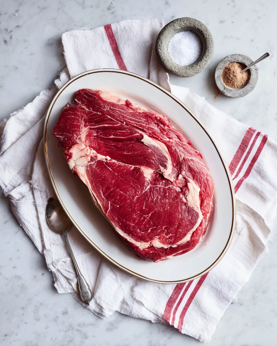 A large piece of raw red meat with white fat edges lies on a white oval plate with a thin golden rim. The plate is placed on a white cloth with two red stripes near the edge, all set on a white marbled surface. To the upper right of the plate, there are two small round stone containers, one filled with a white powdery substance and the other with a brown powder. A small silver spoon with white powder rests near the containers. The photo taken with an iphone --ar 4:5 --v 7